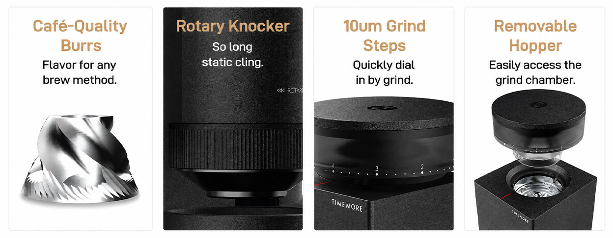 Oversigt over opbygning og funktioner på kværnen Timemore Bricks 01S